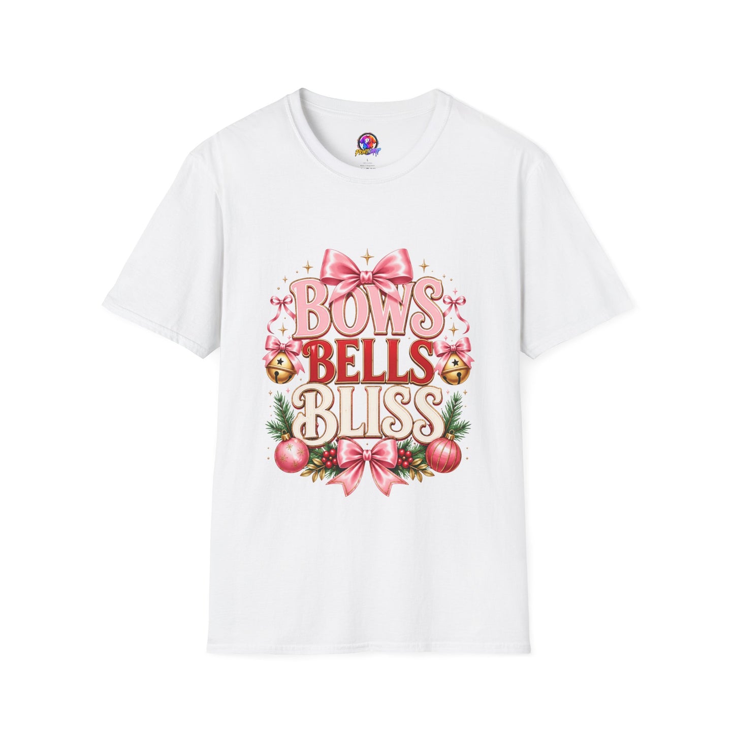 T-Shirt — "Bows Bells Bliss" Pink Holiday Graphic Tee