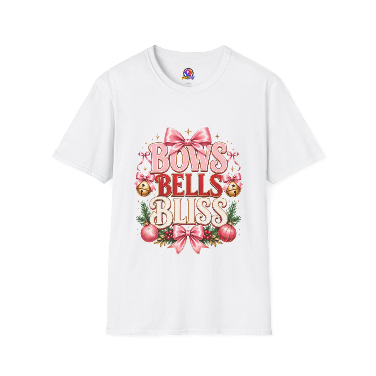 T-Shirt — "Bows Bells Bliss" Pink Holiday Graphic Tee