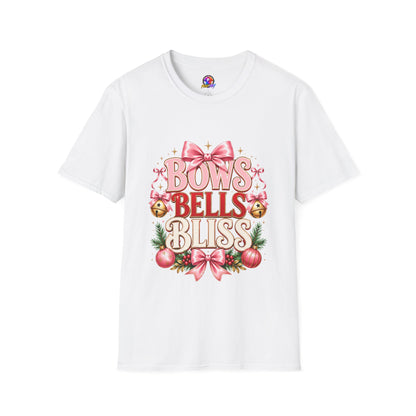 T-Shirt — "Bows Bells Bliss" Pink Holiday Graphic Tee