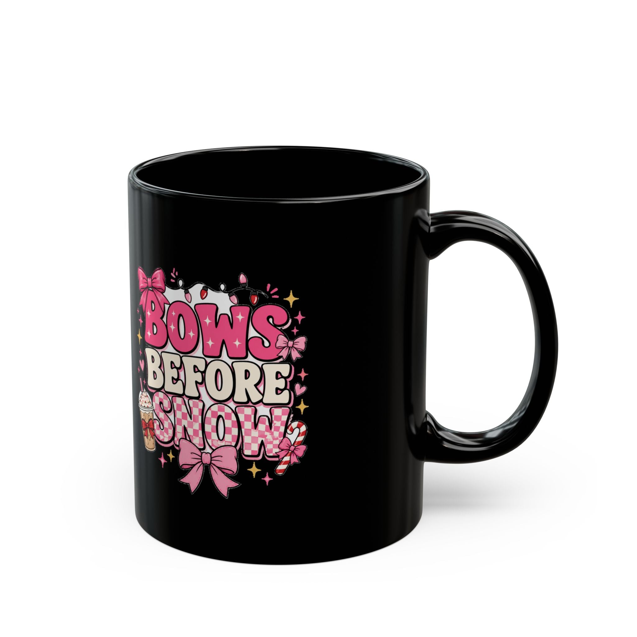 Modern Day Christmas Bows Before Snow Black Mug – Cute Pink Winter Bow Coffee Cup