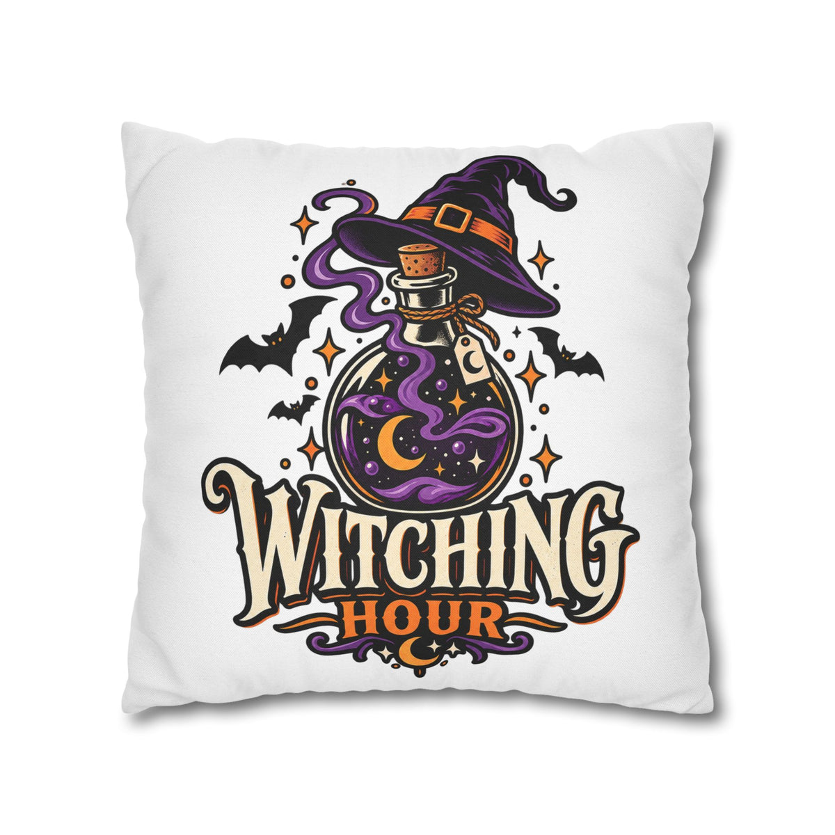 Witching Hour Square Pillowcase – Halloween Potion Witch Hat Throw Pillow Cover
