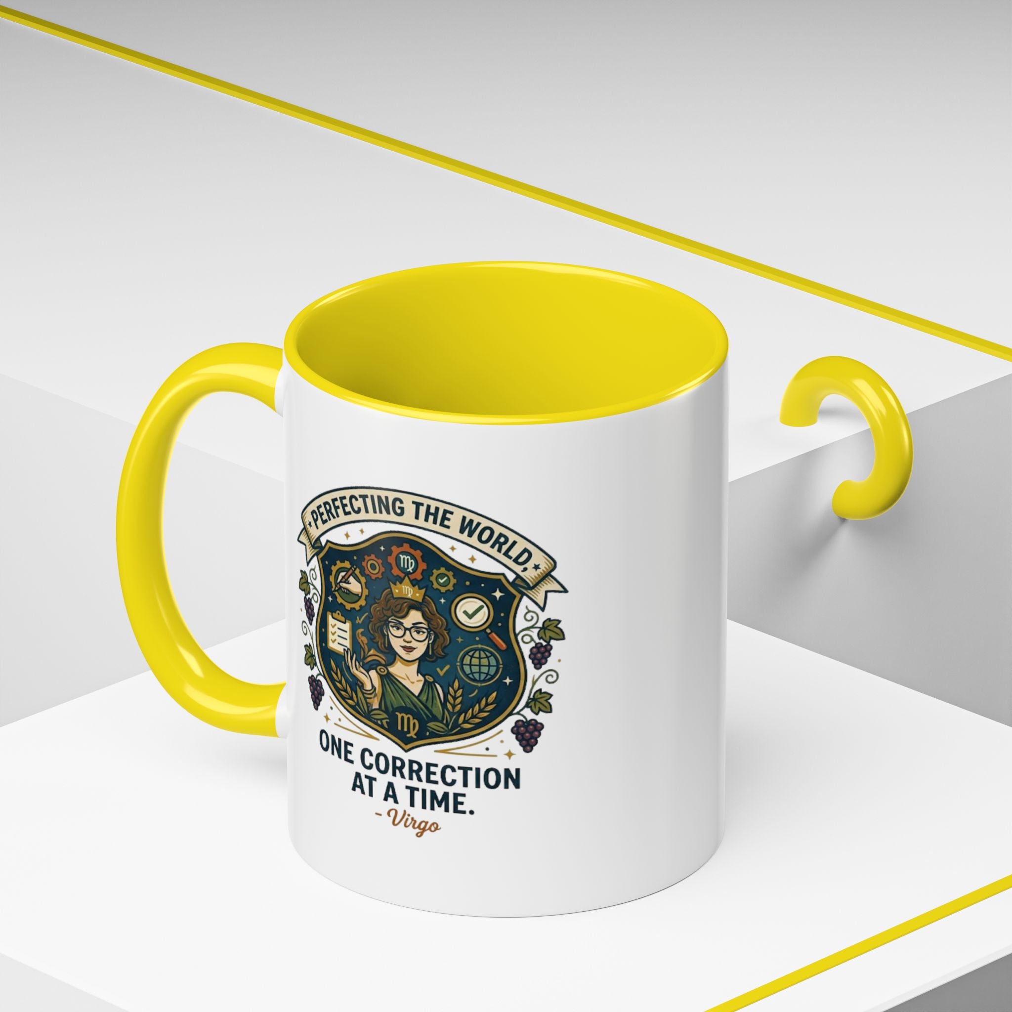 Virgo Coffee Mug — "Perfecting the World: One Correction at a Time" Accent Astrology Gift