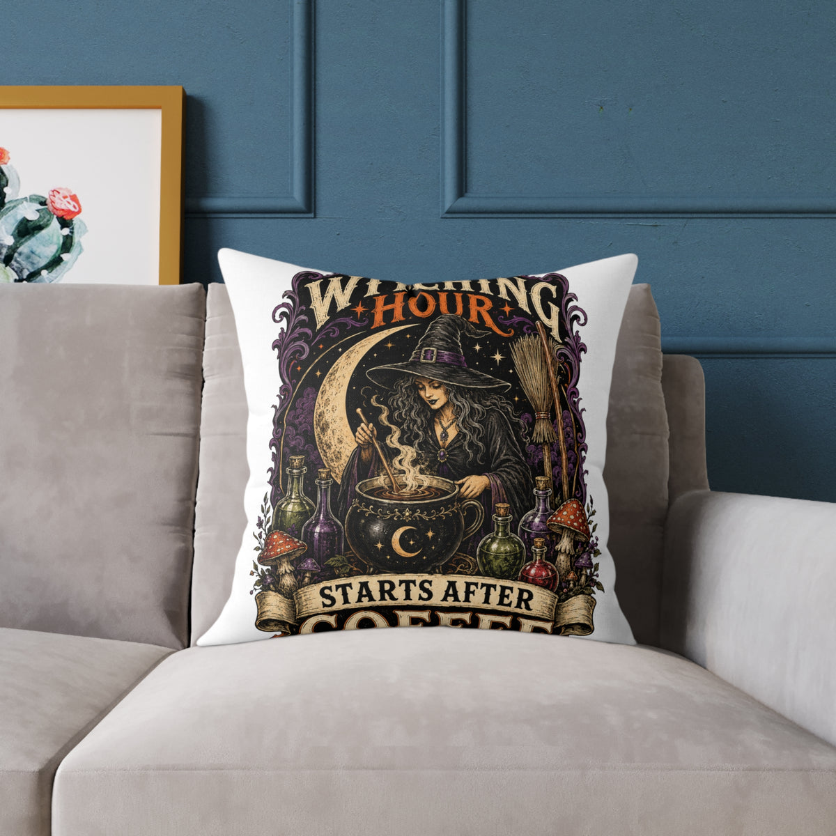 Halloween Witching Hour Pillow — 'Witching Hour Starts After Coffee' Gothic Witch Decorative Cushion
