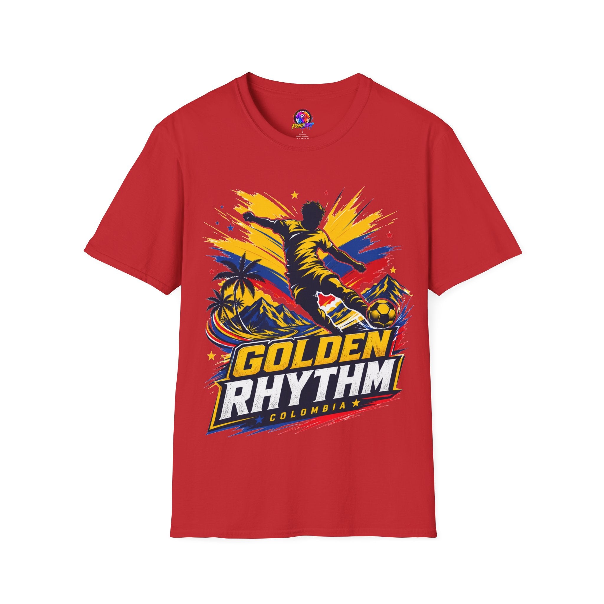 Columbia Soccer Player Graphic T-Shirt — "Golden Rhythm" Vibrant Beach Soccer Tee