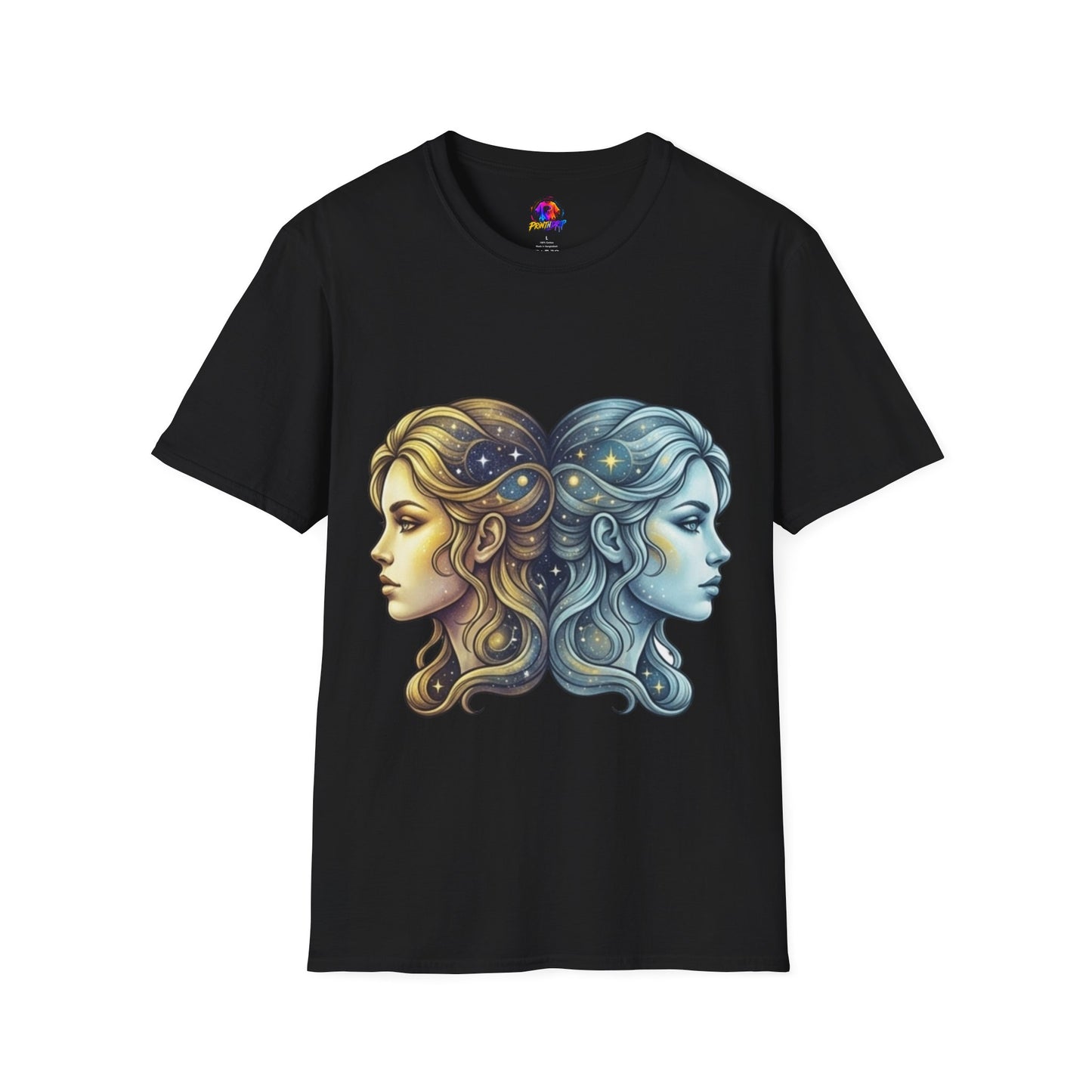 Zodiac Gemini Sun & Moon T-Shirt — Dual Faces Cosmic Design