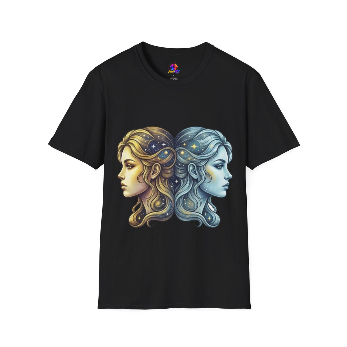 Zodiac Gemini Sun & Moon T-Shirt — Dual Faces Cosmic Design