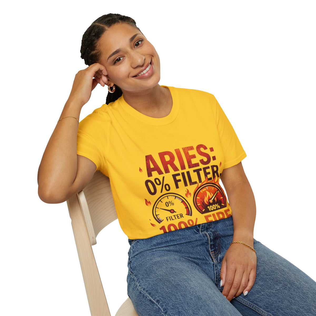 Aries T-Shirt — "Aries: 0% Filter, 100% Fire" Bold Zodiac Tee
