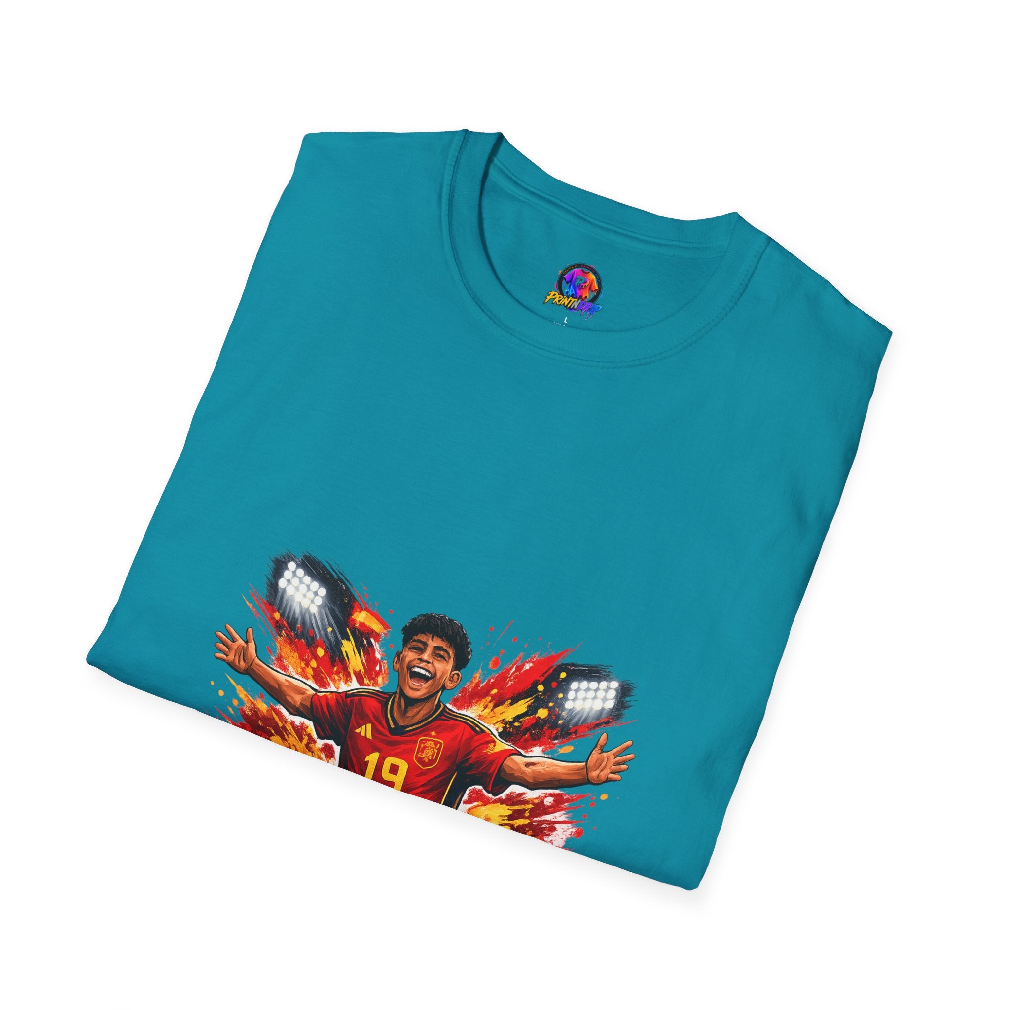 Spain Soccer Fan Portrait T‑Shirt – Fiery Goal Celebration Design