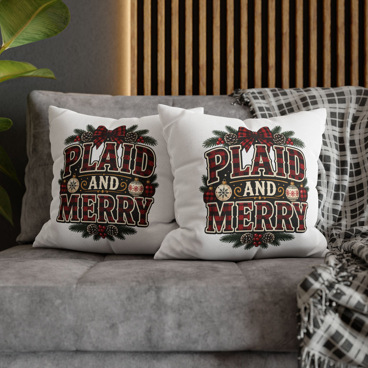 Plaid and Merry Christmas Throw Pillowcase — Festive Buffalo Plaid Holiday Decor