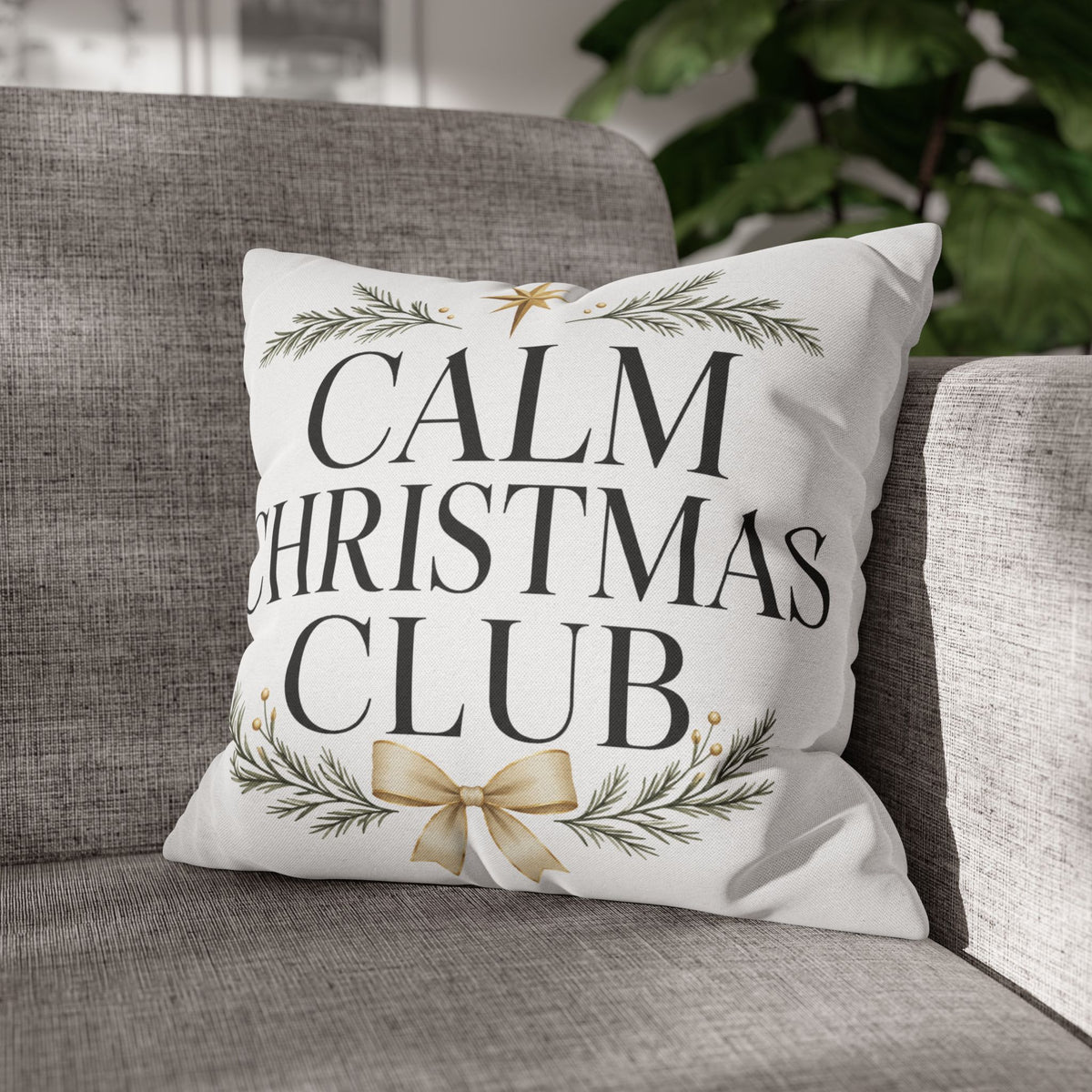 Calm Christmas Club Decorative Pillowcase — Holiday Pine & Gold Bow Throw Cover