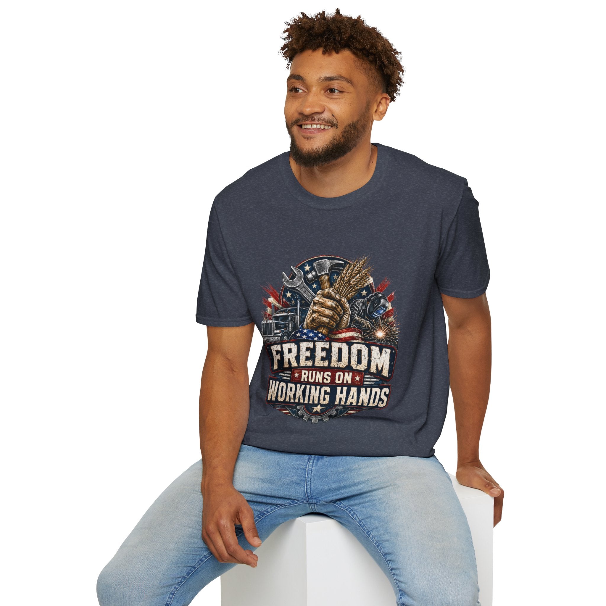 Freedom Runs on Working Hands T-Shirt — Patriotic Mechanic Tool & Wheat Design
