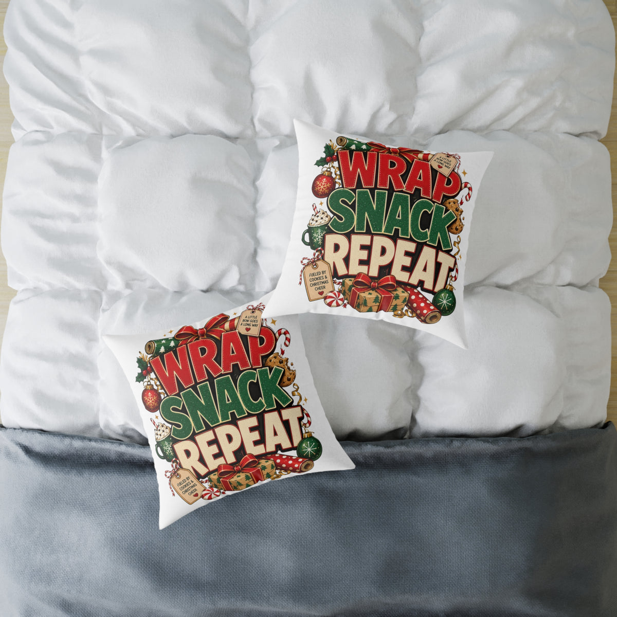 Christmas Holiday Pillow - "Wrap Snack Repeat" Christmas Decorative Throw Pillow