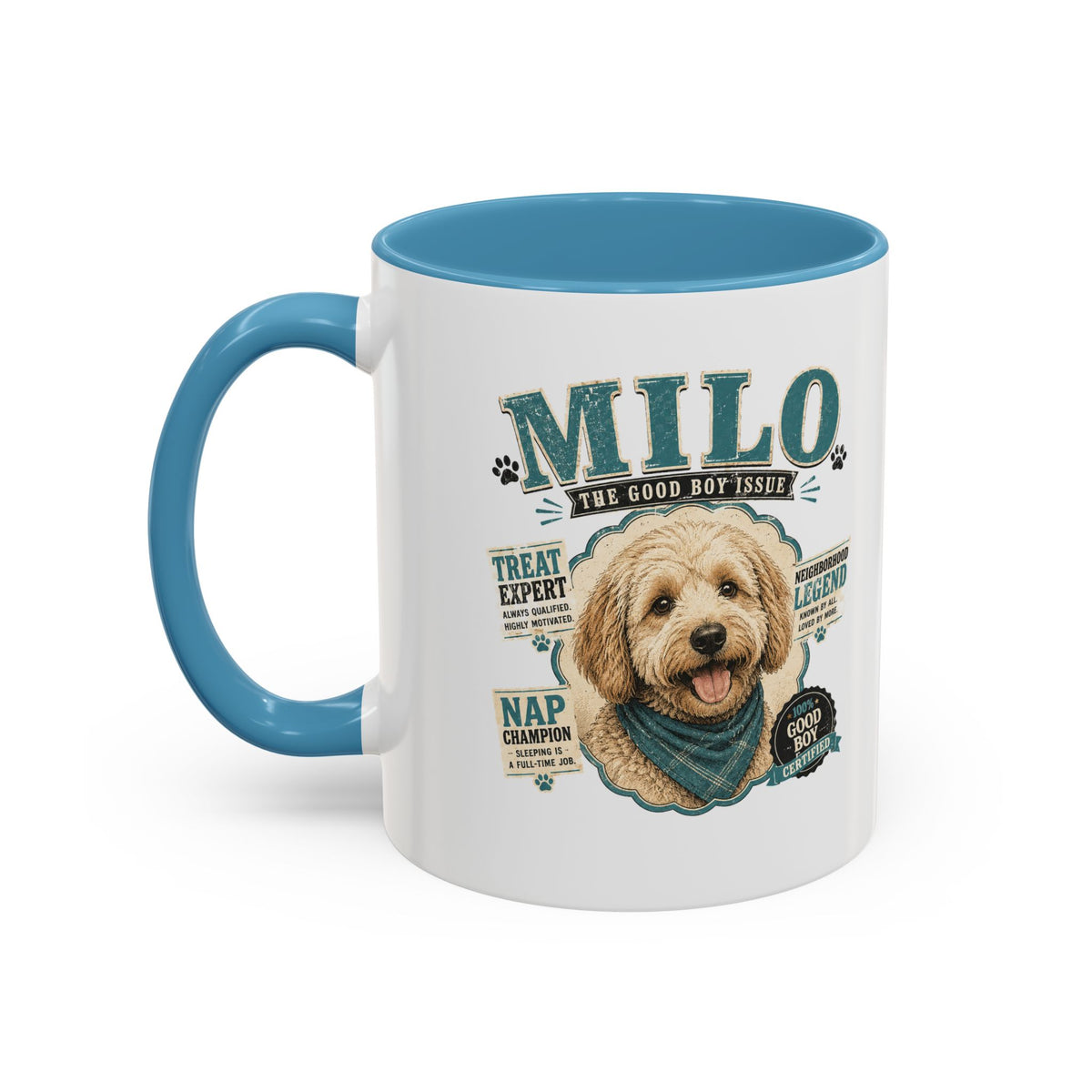 Milo Bailey Dog Dad Mom Personalized Dog Mug — "Milo The Good Boy" Accent Coffee Mug