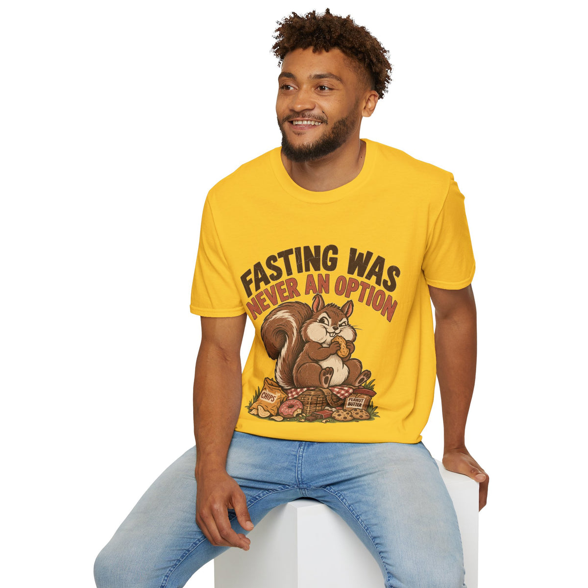 Fasting Was Never an Option T-Shirt — Funny Squirrel Eating Snacks Tee