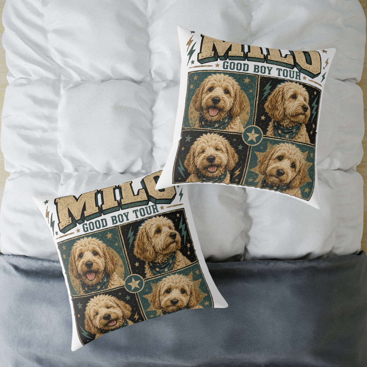 Milo "Good Boy Tour" Dog Photo Square Throw Pillow  Milo Bailey Dog Dad Mom