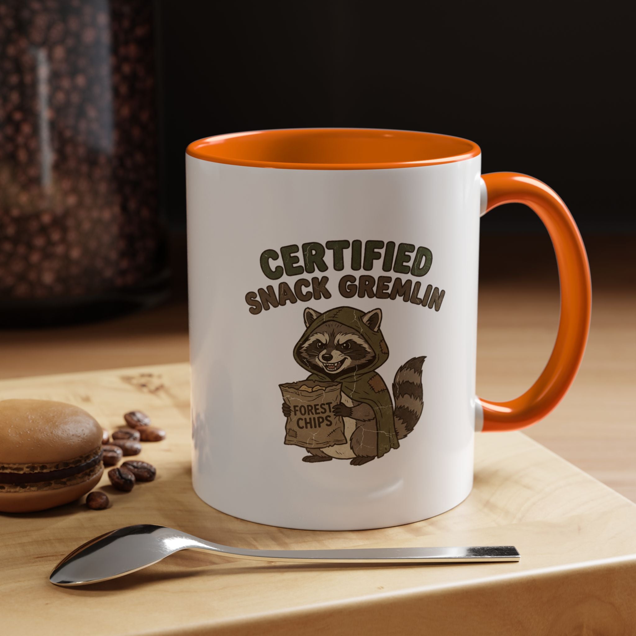 Funny Certified Snack Gremlin Coffee Mug — Cute Raccoon Snack Lover Accent Mug