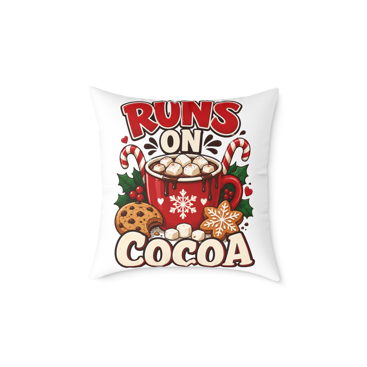 Christmas Square Pillow - "Runs on Cocoa" Holiday Hot Chocolate Decorative Throw Pillow