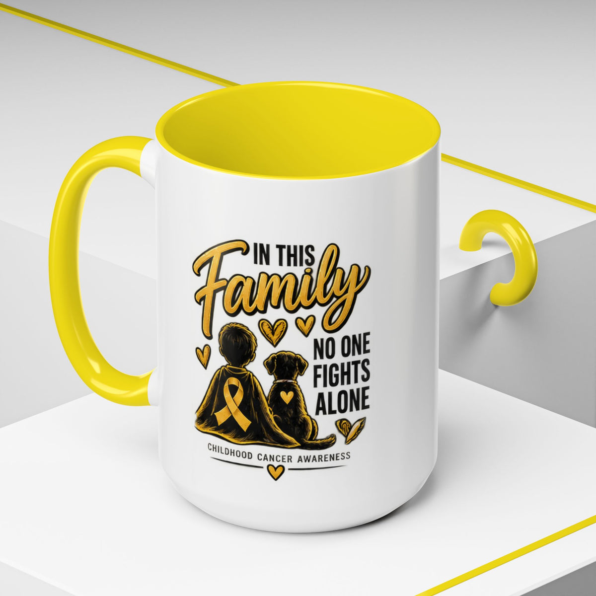 Childhood Cancer Awareness Coffee Mug — "In This Family No One Fights Alone"
