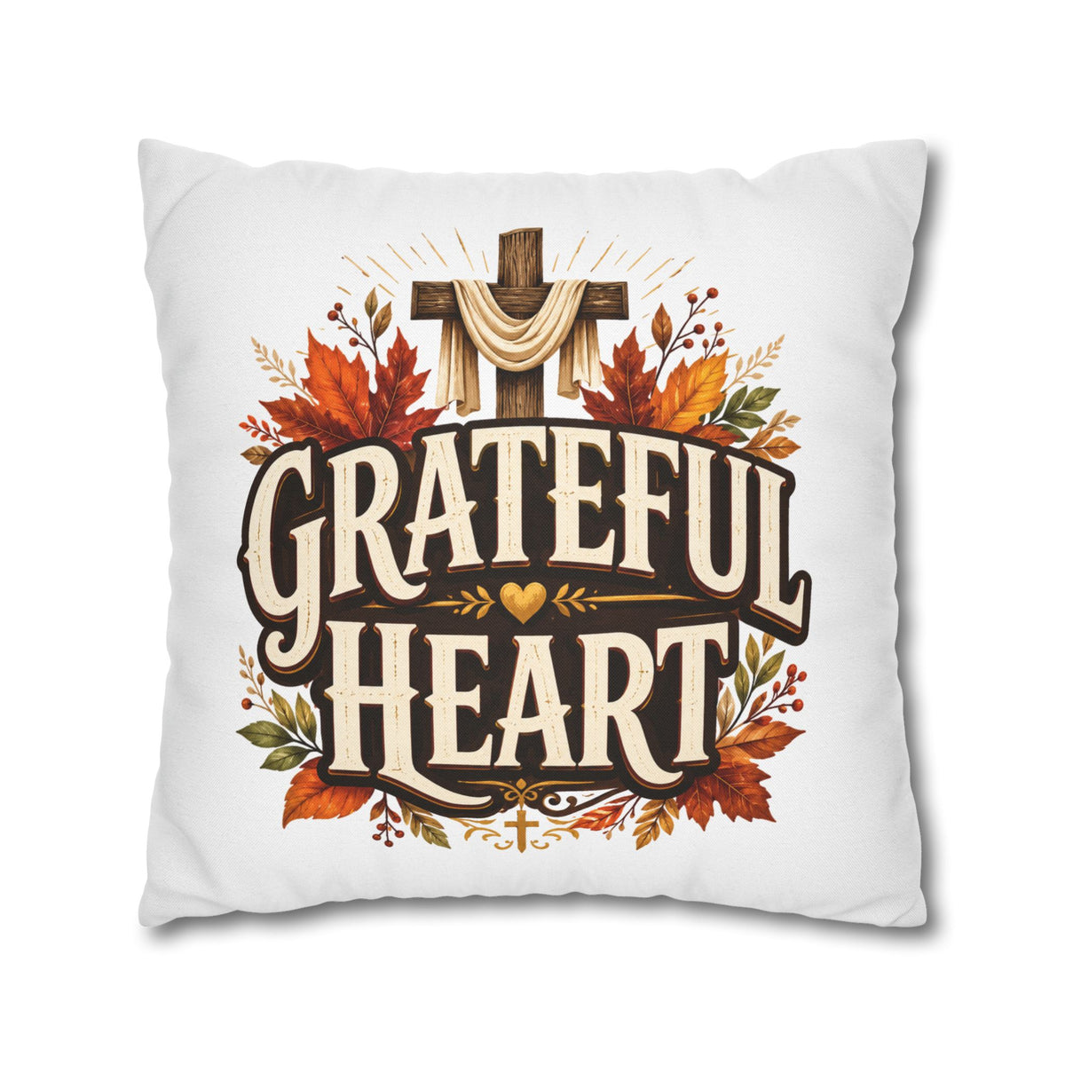 Thanksgiving Grateful Heart Throw Pillow — Autumn Cross Faith Decorative Pillowcase
