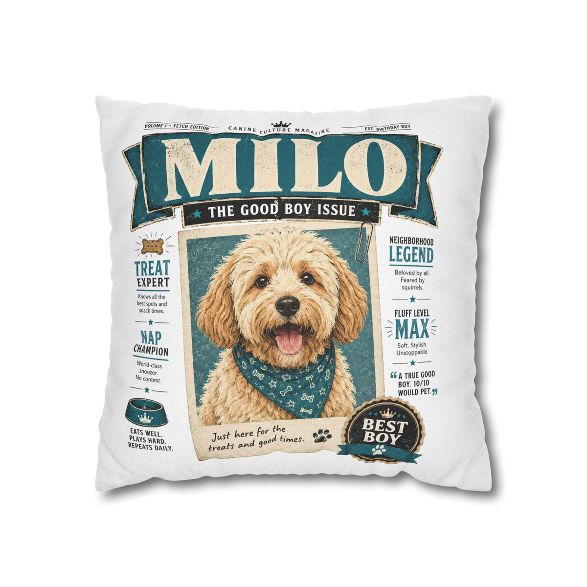Personalized Dog Pillowcase — "Milo: The Good Boy Issue" Decorative Throw Pillowcase Milo Bailey Dog Dad Mom
