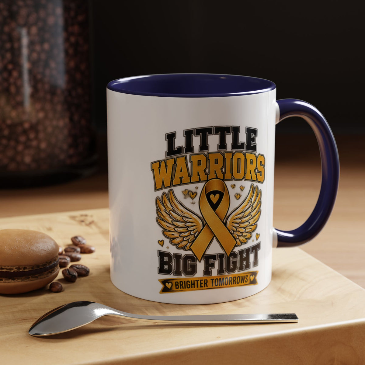 Little Warriors Big Fight Childhood Cancer Awareness Coffee Mug — Gold Ribbon Support Accent Mug