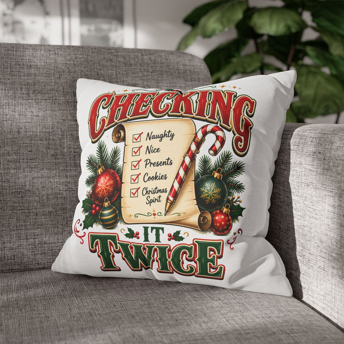 Checking It Twice Christmas Pillowcase — Festive Holiday Checklist Throw Pillow Cover