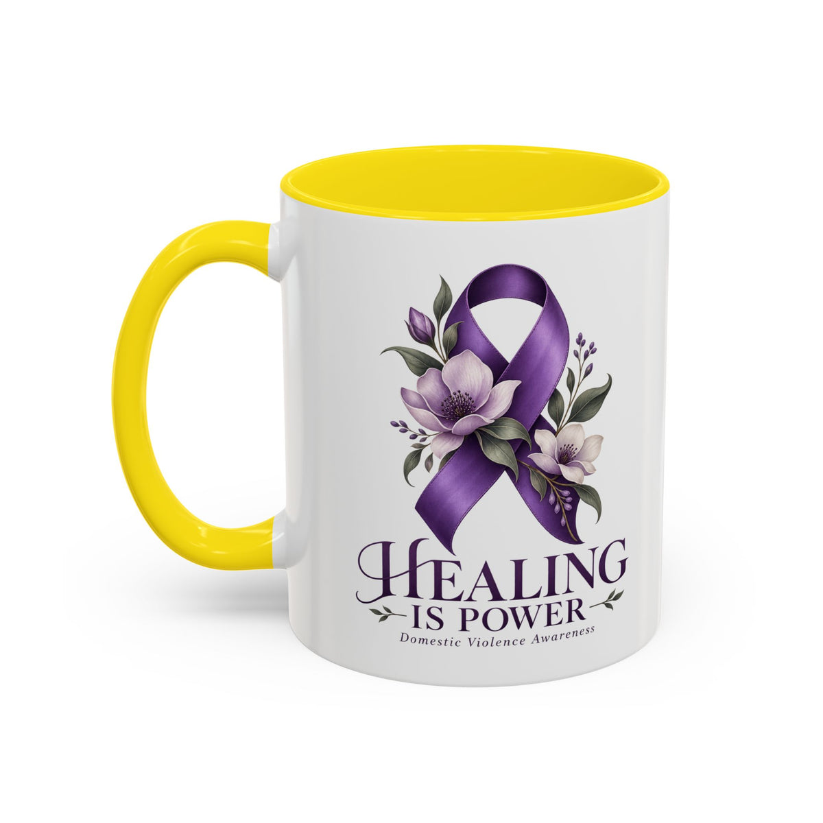 Healing Is Power Purple Ribbon Coffee Mug — Domestic Violence Awareness Accent Mug (11/15oz)