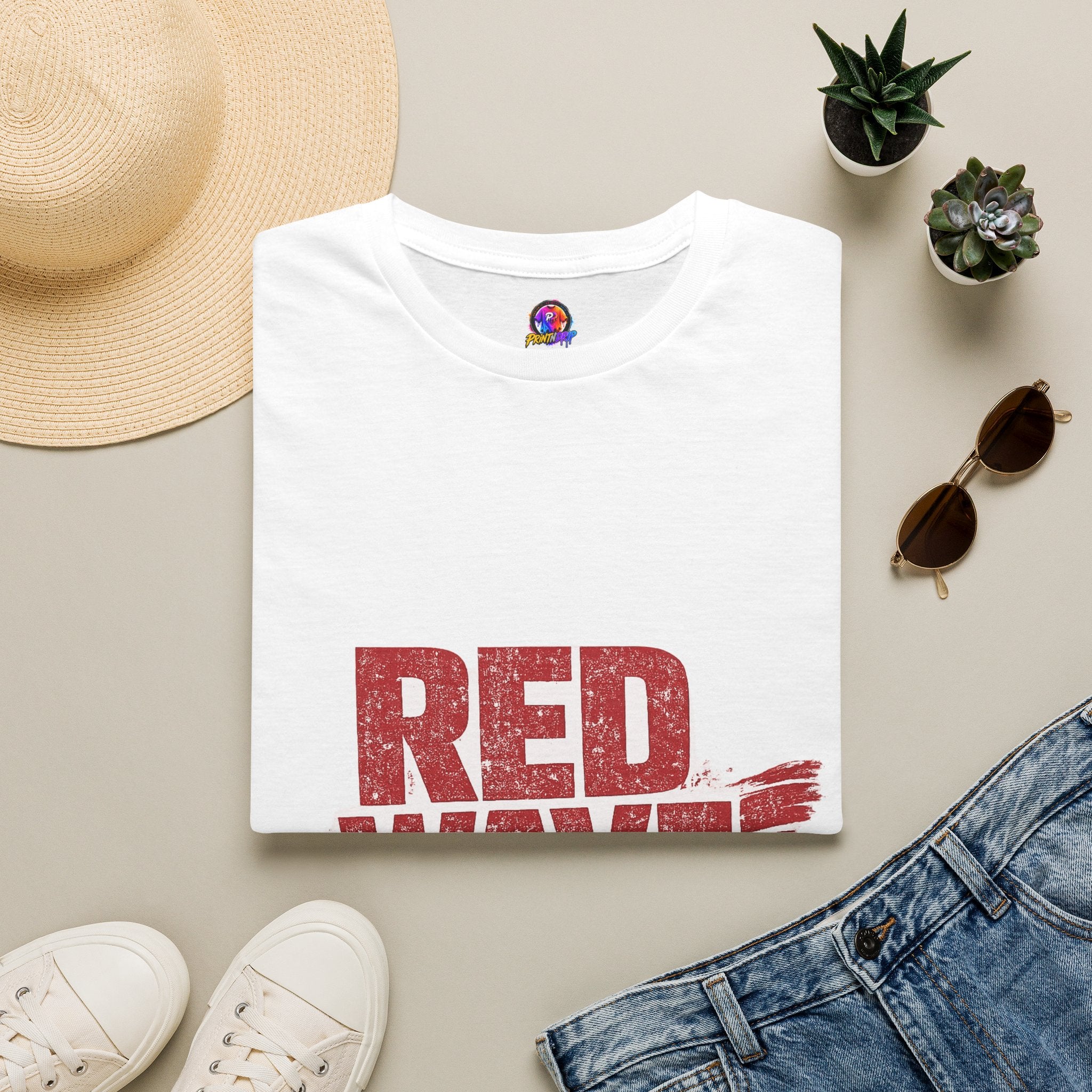 South Korea Red Wave Graphic T‑Shirt — Vintage Distressed Logo Tee