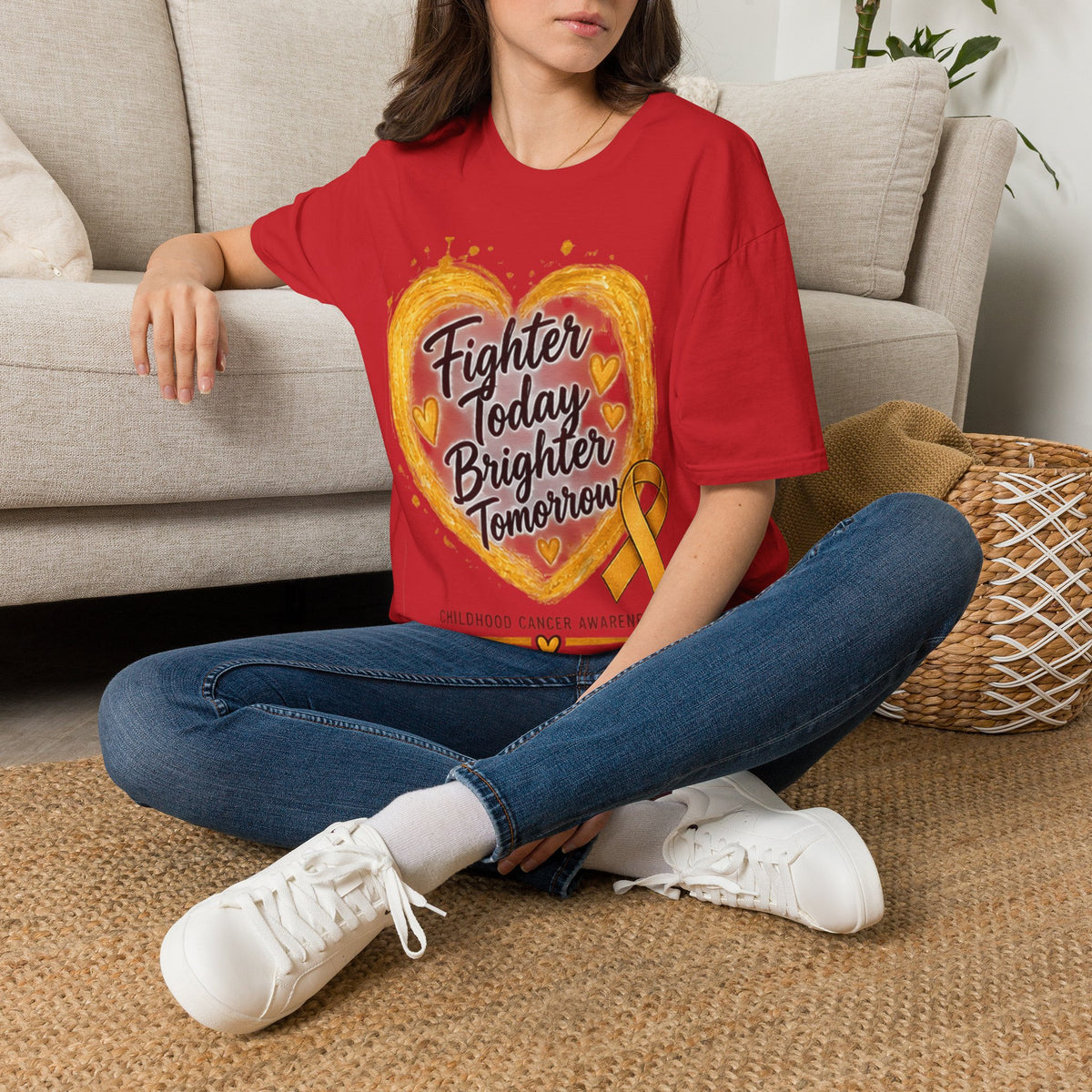 Childhood Cancer Awareness T-Shirt — "Fighter Today Brighter Tomorrow" Gold Ribbon