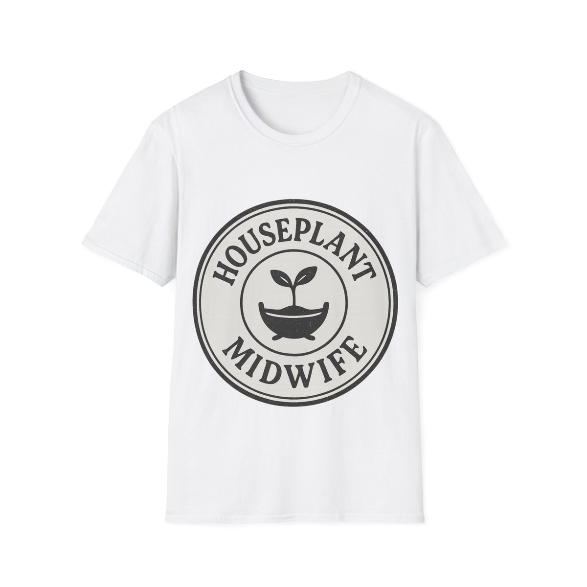 "Houseplant Midwife" Retro Circular Emblem Tee - Funny Plant Parent Propagation White T-Shirt - Trending Now - September 2026