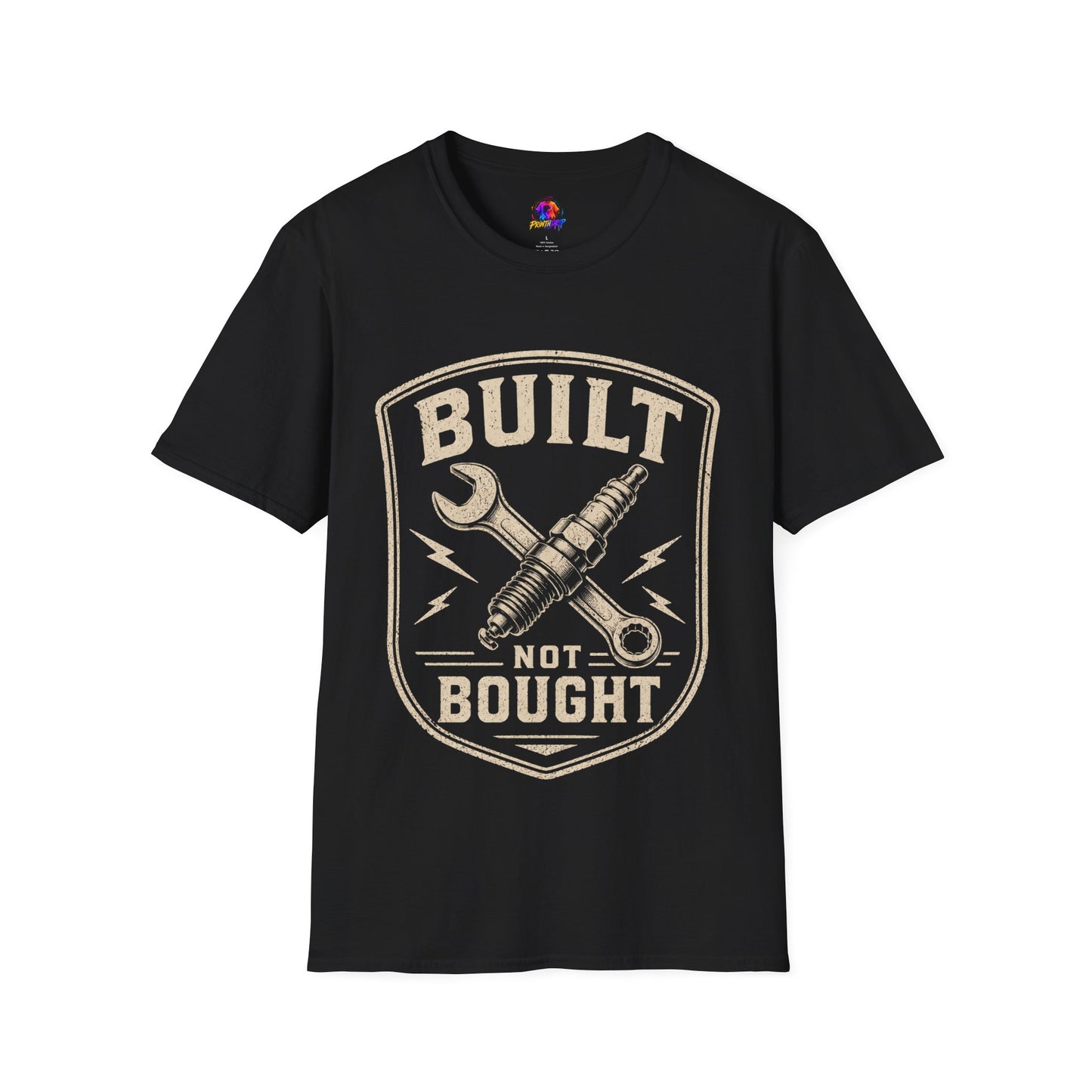 Built Not Bought T-Shirt — Vintage Mechanic Wrench & Spark Plug Design