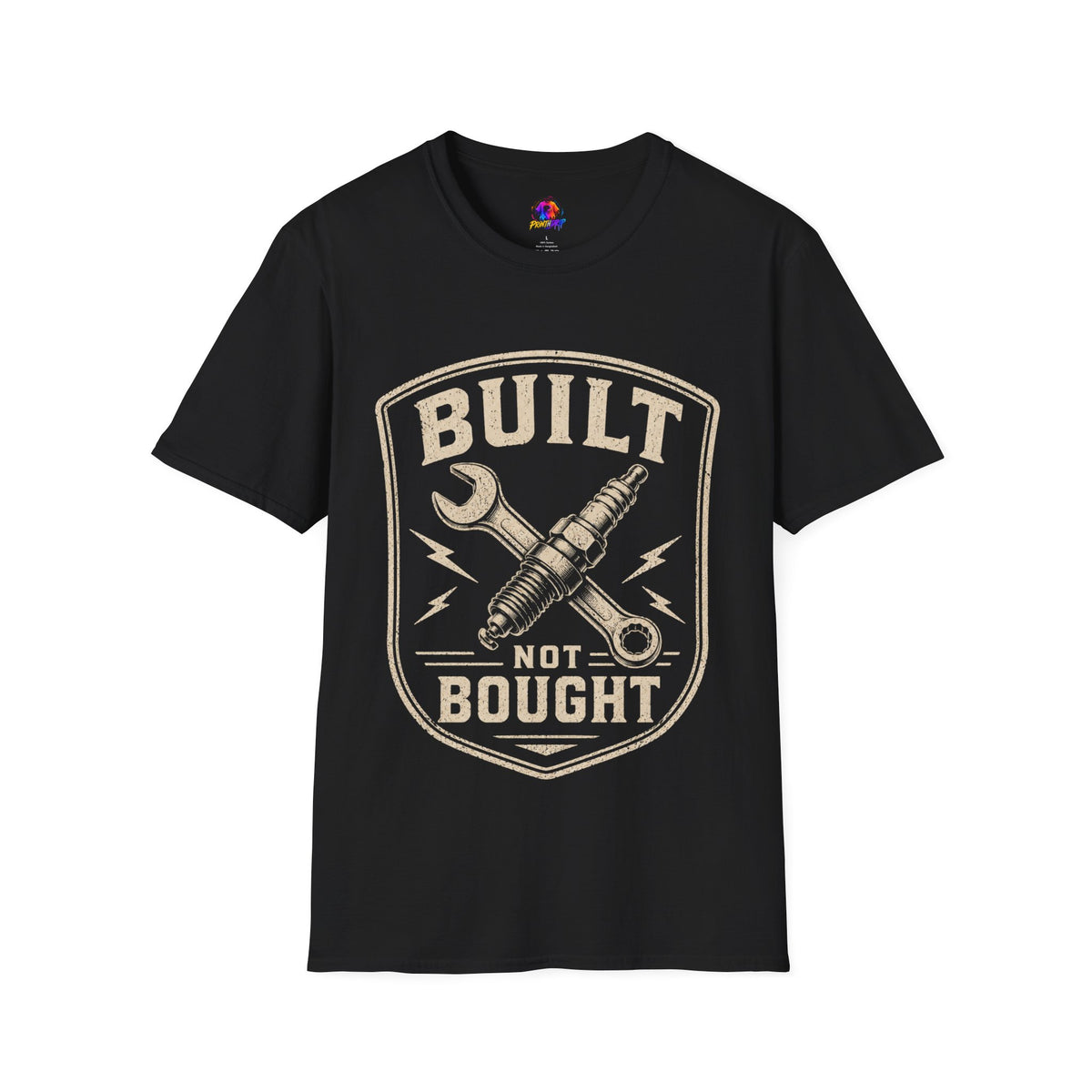 Built Not Bought T-Shirt — Vintage Mechanic Wrench & Spark Plug Design