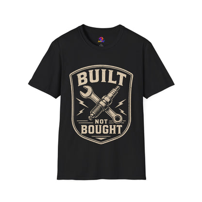 Built Not Bought T-Shirt — Vintage Mechanic Wrench & Spark Plug Design