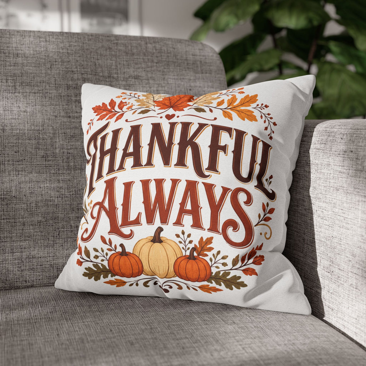 Thanksgiving Thankful Always Throw Pillowcase — Autumn Pumpkin & Leaf Thanksgiving Decor