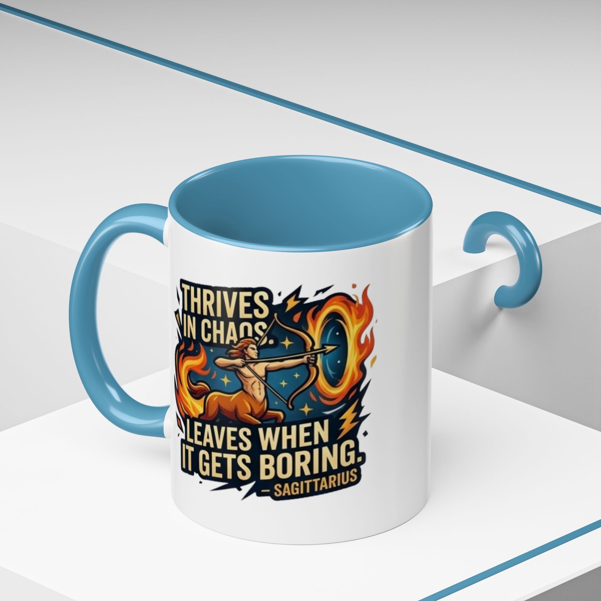 Sagittarius Coffee Mug – "Thrives in Chaos, Leaves When It Gets Boring" Accent Mug
