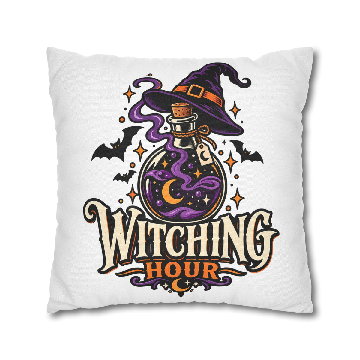 Witching Hour Square Pillowcase – Halloween Potion Witch Hat Throw Pillow Cover