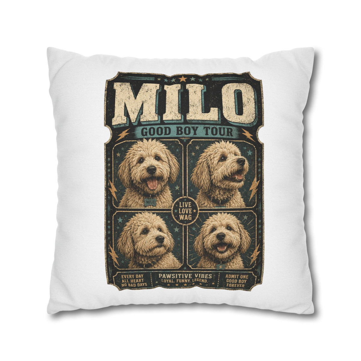 Milo "Good Boy Tour" Square Pillowcase — Cute Dog Portrait Decorative Pillowcase Milo Bailey Dog Dad Mom