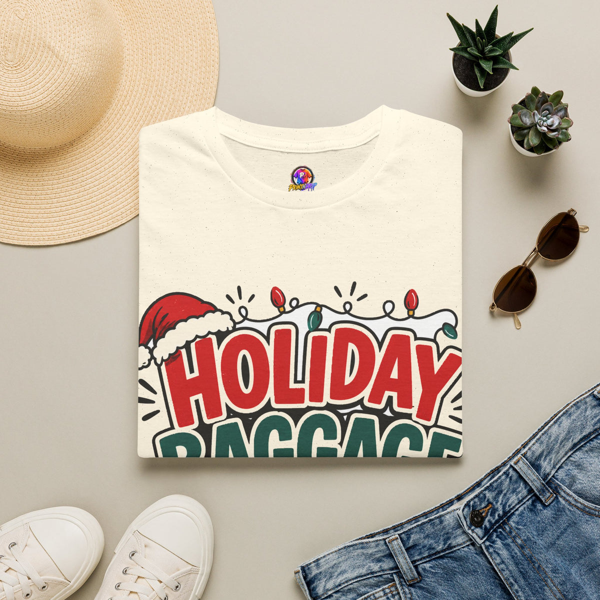 Holiday Baggage Claim T-Shirt — Funny Christmas Vacation Tee with Santa Hat & Lights