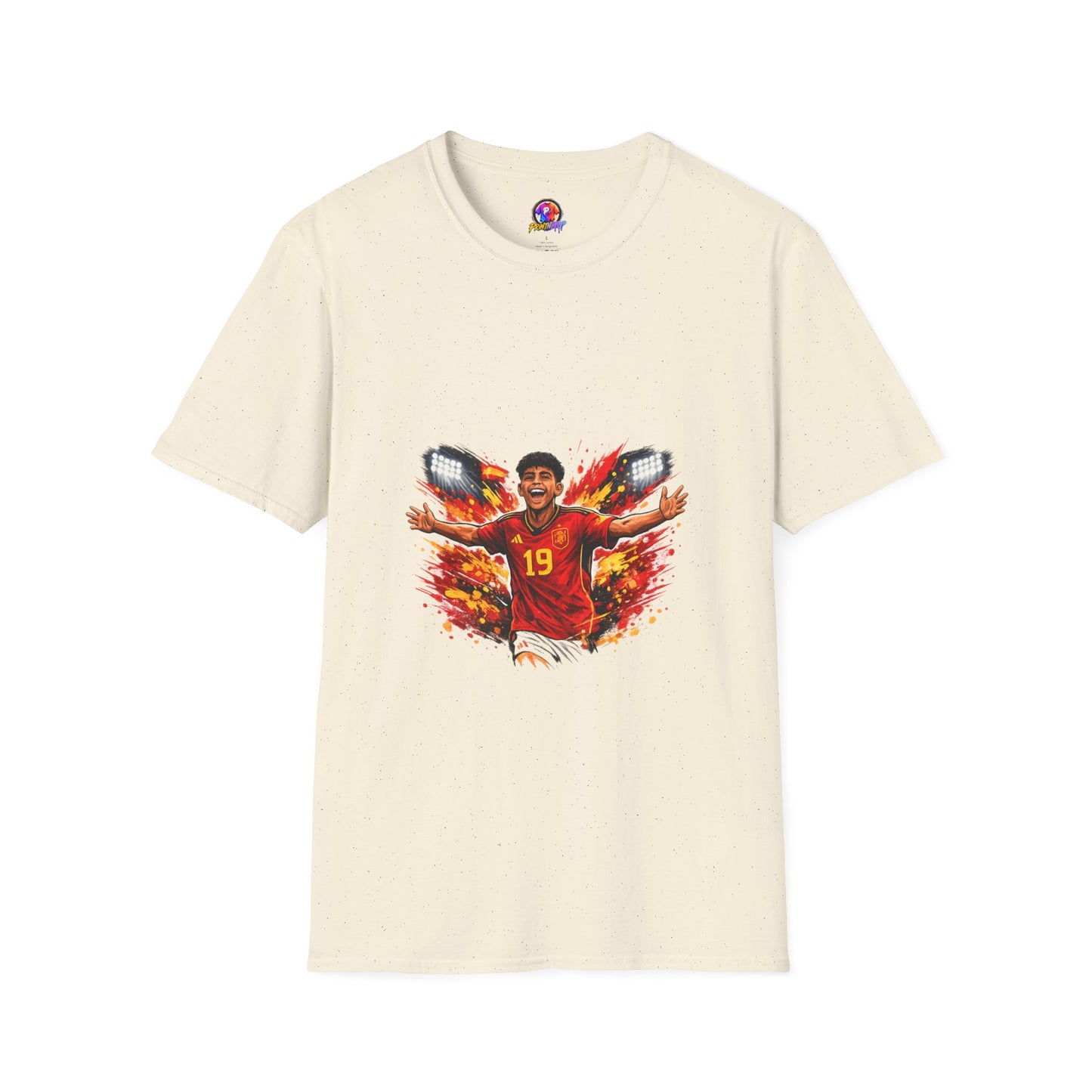 Spain Soccer Fan Portrait T‑Shirt – Fiery Goal Celebration Design