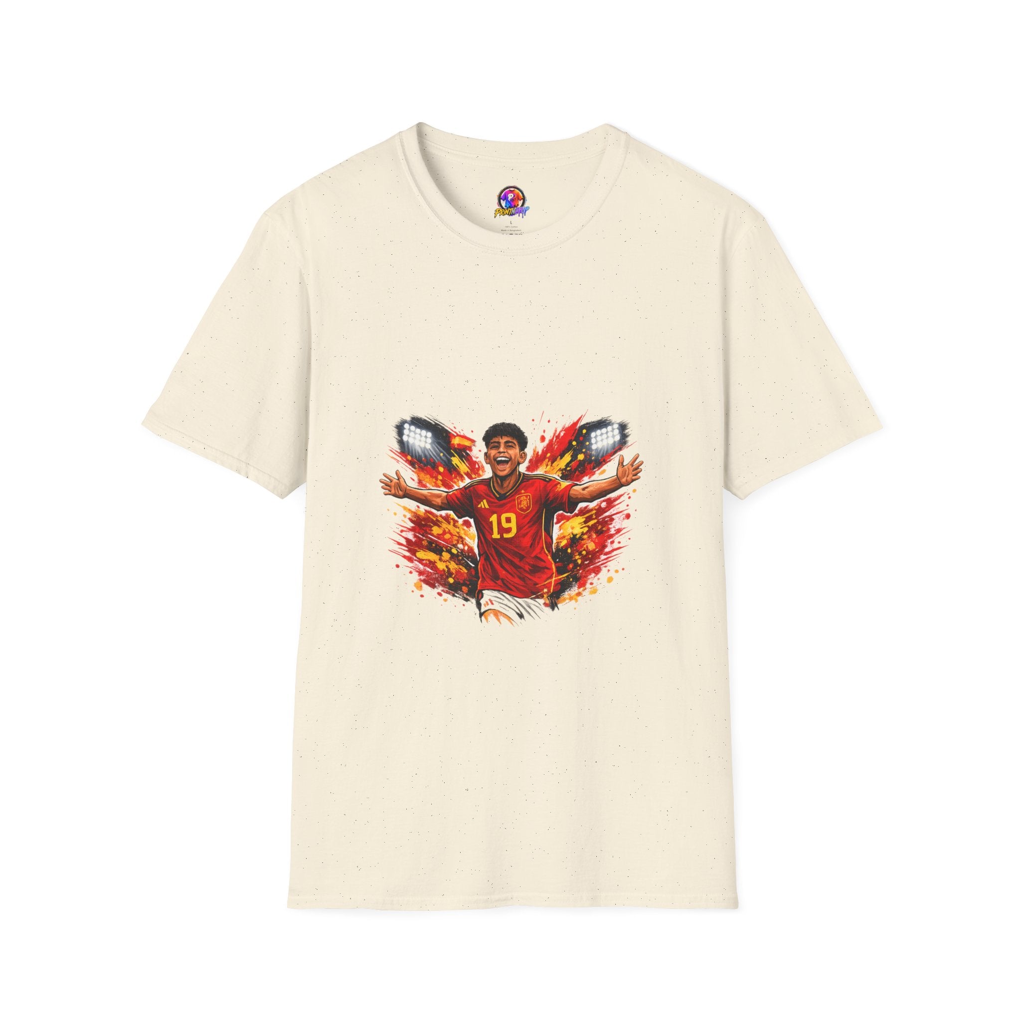 Spain Soccer Fan Portrait T‑Shirt – Fiery Goal Celebration Design