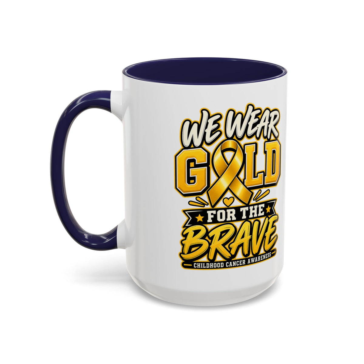 Childhood Cancer Awareness Accent Coffee Mug – "We Wear Gold for the Brave" (11/15 oz)