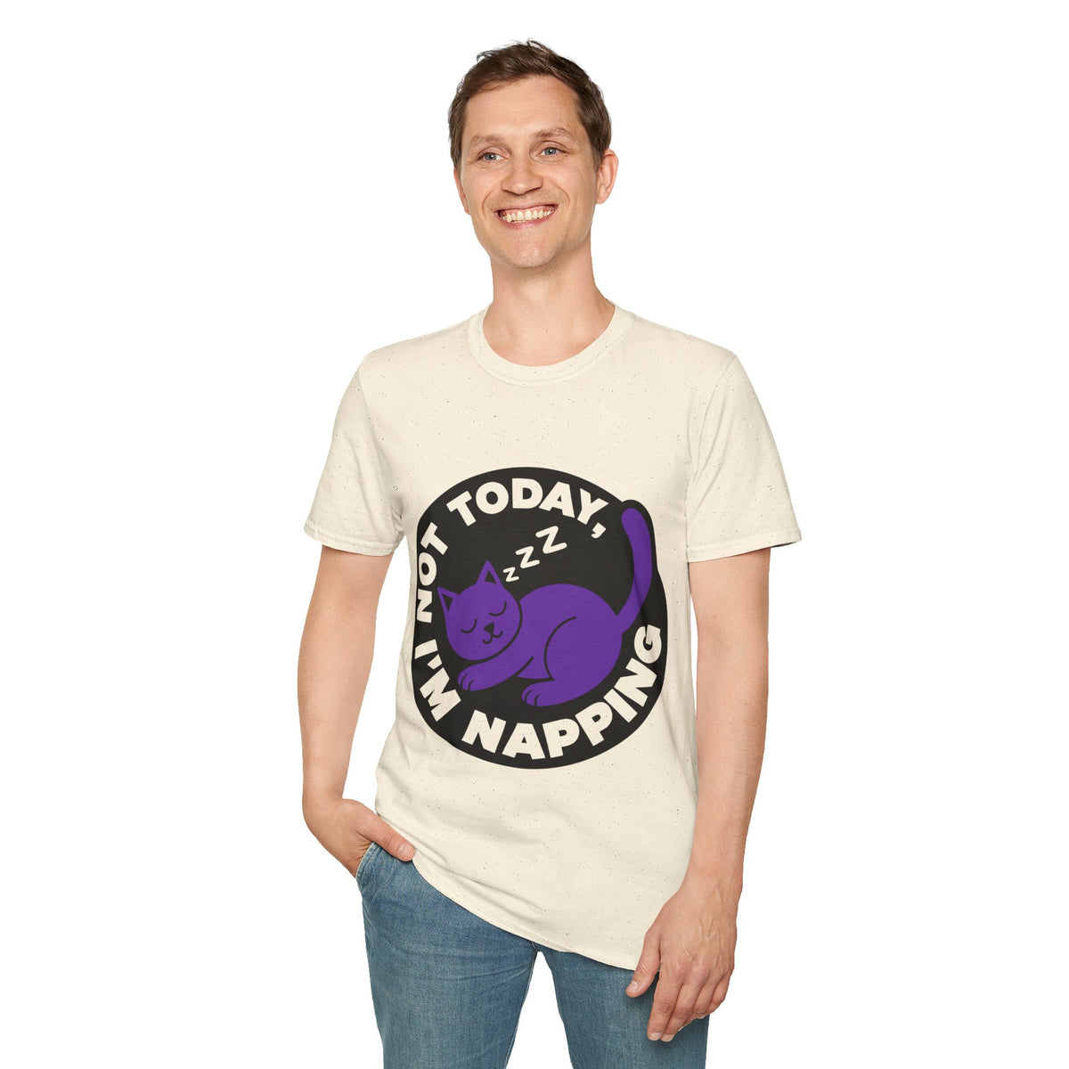 Not Today I'm Napping Purple Cat Tee - Funny Sleeping Kitten Badge Graphic T-Shirt - Trending Now - September 2026