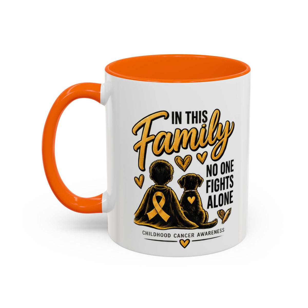 Childhood Cancer Awareness Coffee Mug — "In This Family No One Fights Alone"