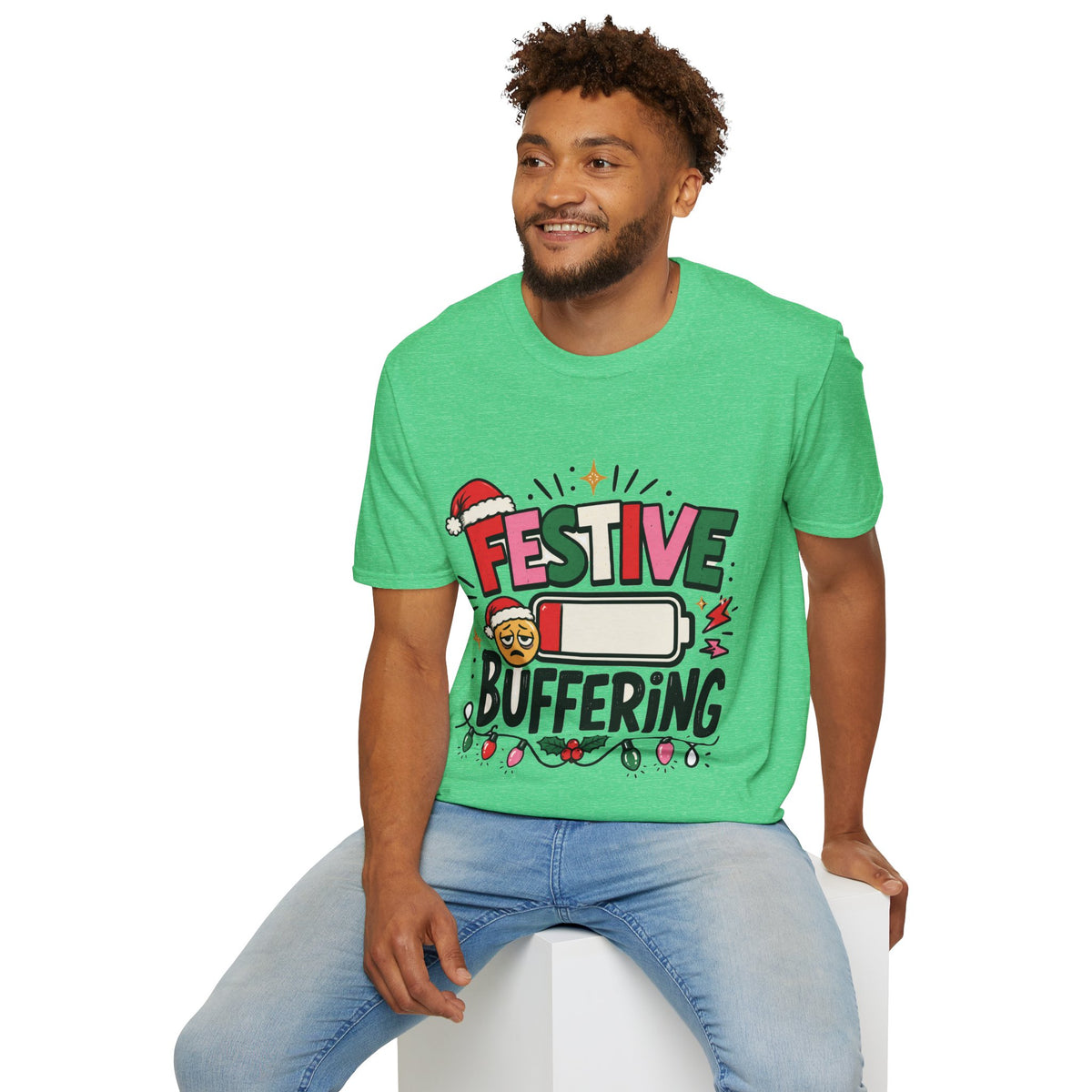 Festive Buffering T-Shirt — Funny Holiday Christmas Tee with Loading Battery Design