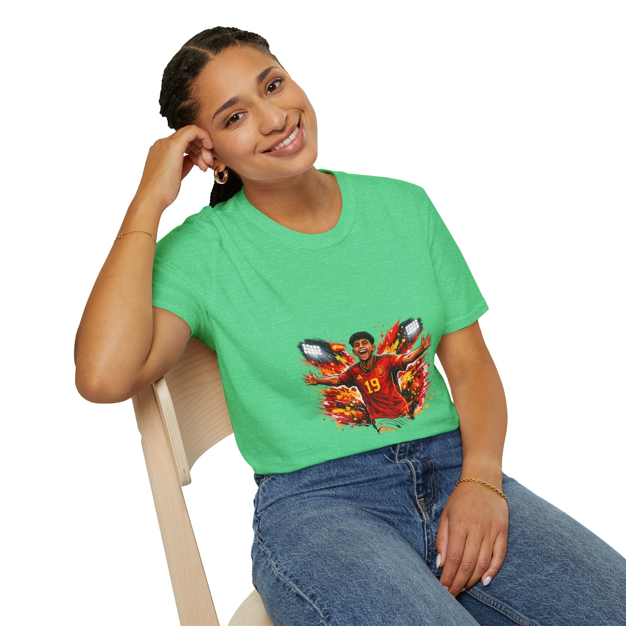 Spain Soccer Fan Portrait T‑Shirt – Fiery Goal Celebration Design
