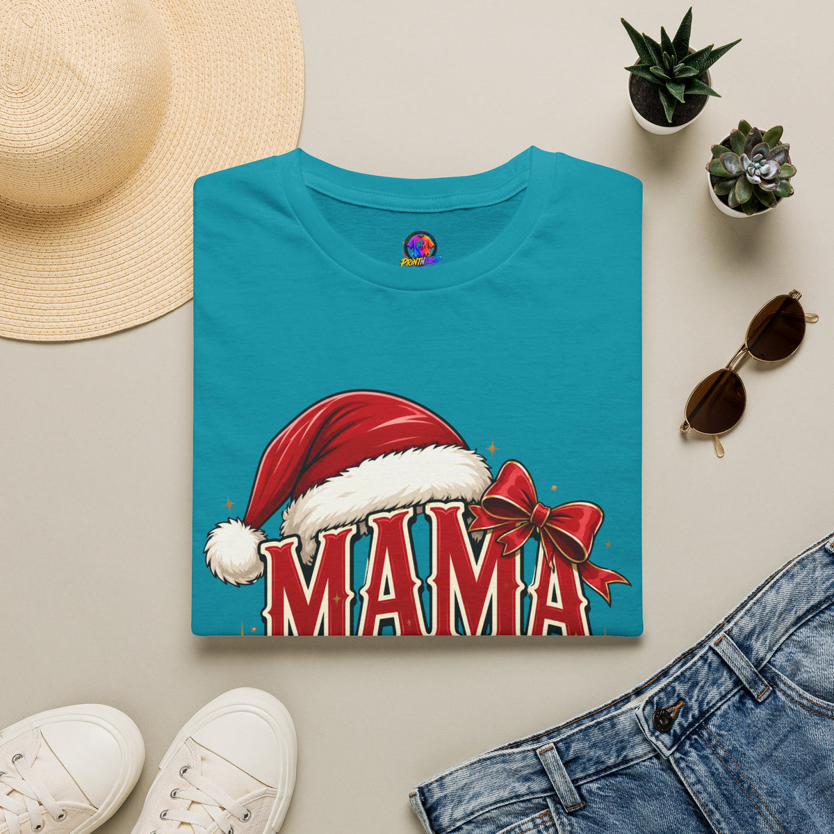 Mama Claus T-Shirt — Festive Christmas Mom Tee with Santa Hat & Bow