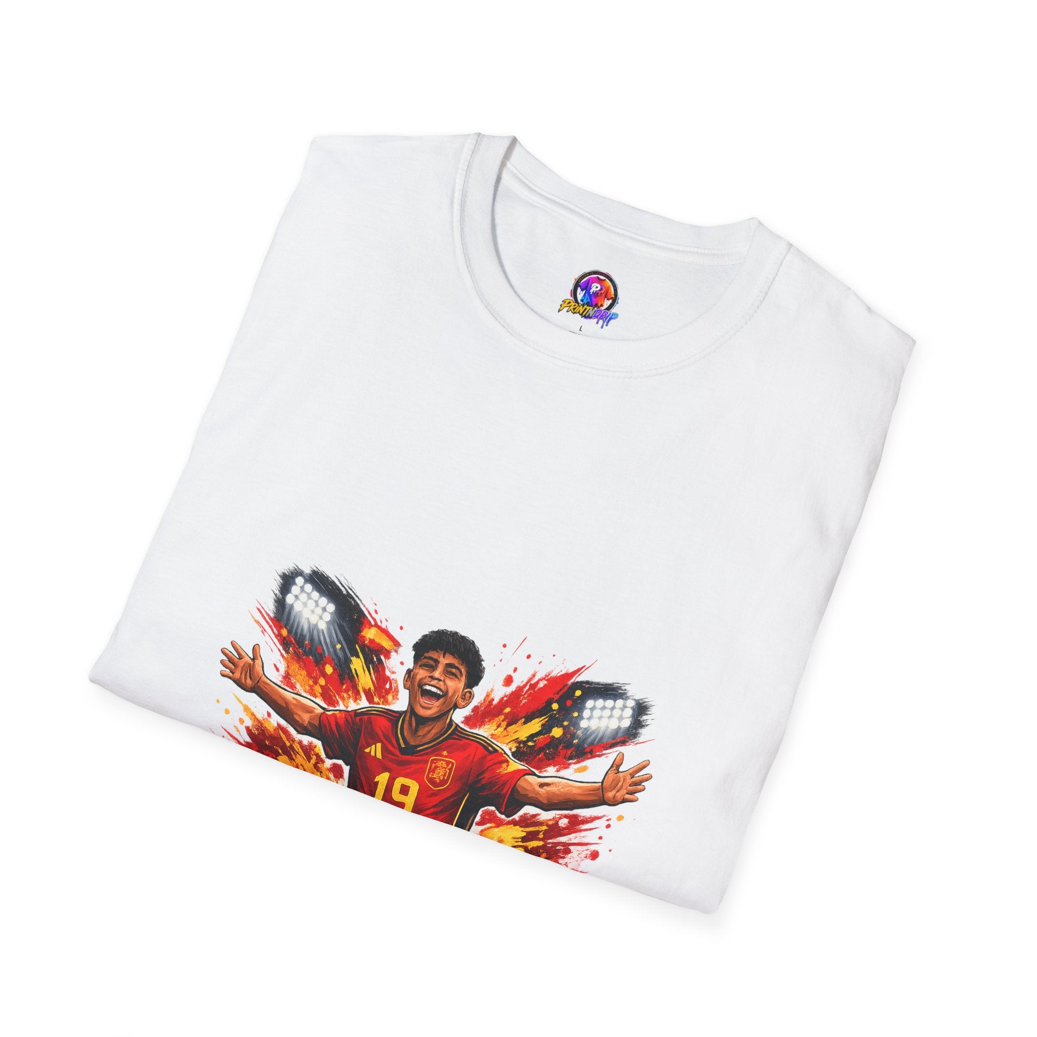 Spain Soccer Fan Portrait T‑Shirt – Fiery Goal Celebration Design