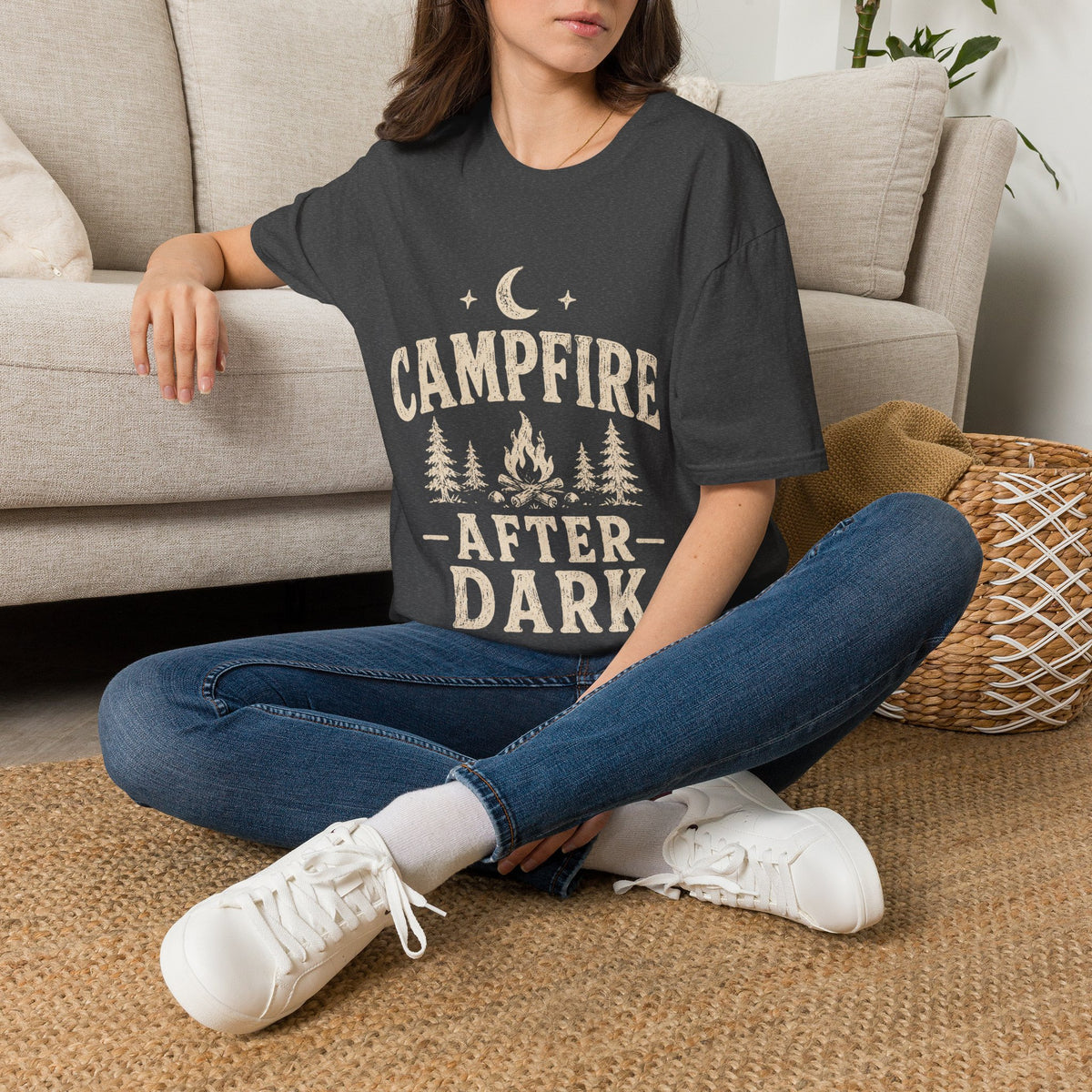 Campfire After Dark T-Shirt — Cozy Camping Moon & Trees Graphic
