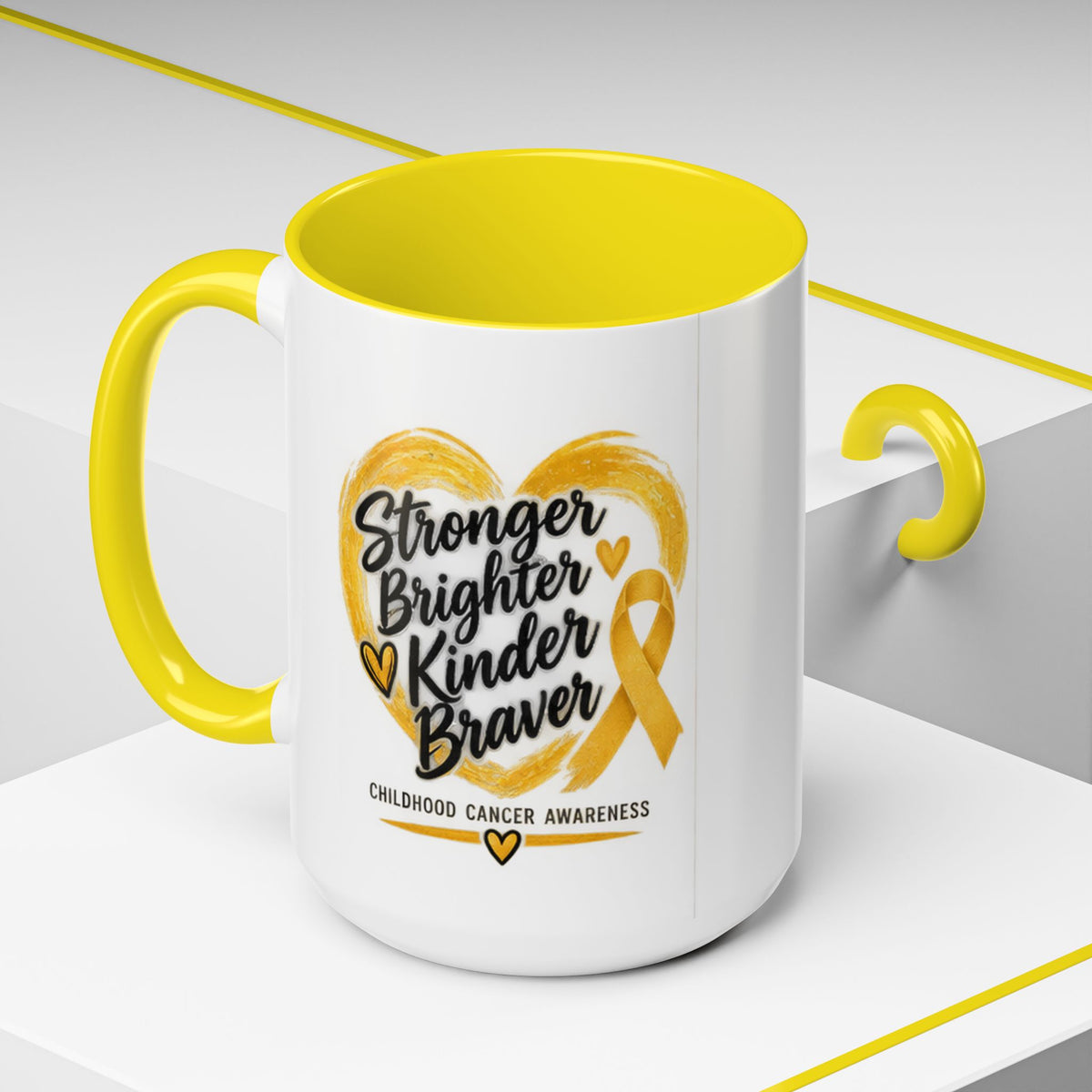 Childhood Cancer Awareness Accent Coffee Mug — "Stronger Brighter Kinder Braver"