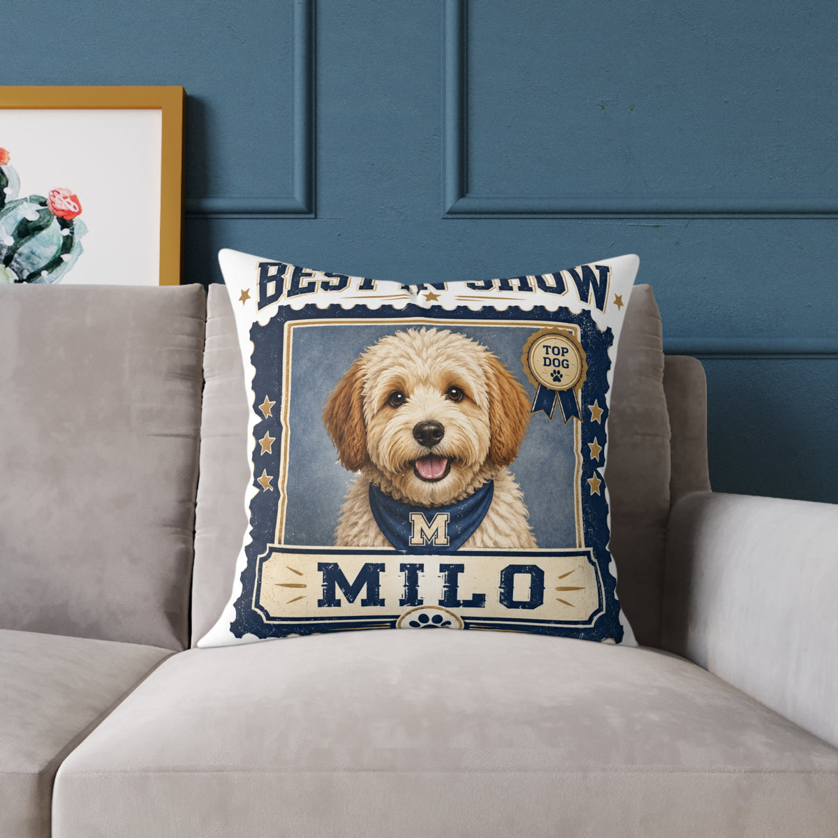Personalized Dog Pillow  Milo Bailey Dog Dad Mom— 'Best at Show' Milo Pet Portrait Square Throw Pillow